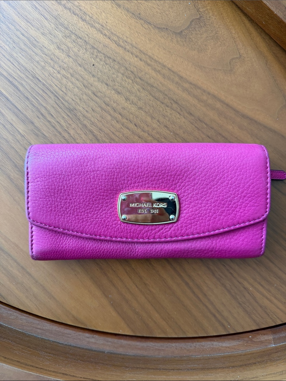 Michael Kors Fuchsia Pebbled Leather Wallet with Gold Plaque